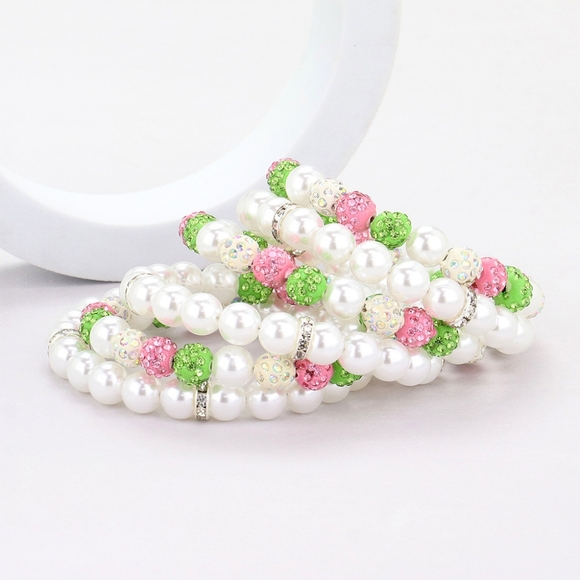 White Pink Green Wrap Bracelet Bangle Pearl Bead Shamballa Ball Bling Two Tone - Picture 2 of 6